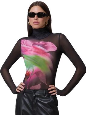 AFRM Zadie Top in Pink Peony Blur | XS Floral Print Mock Neck Top - Black/Pink